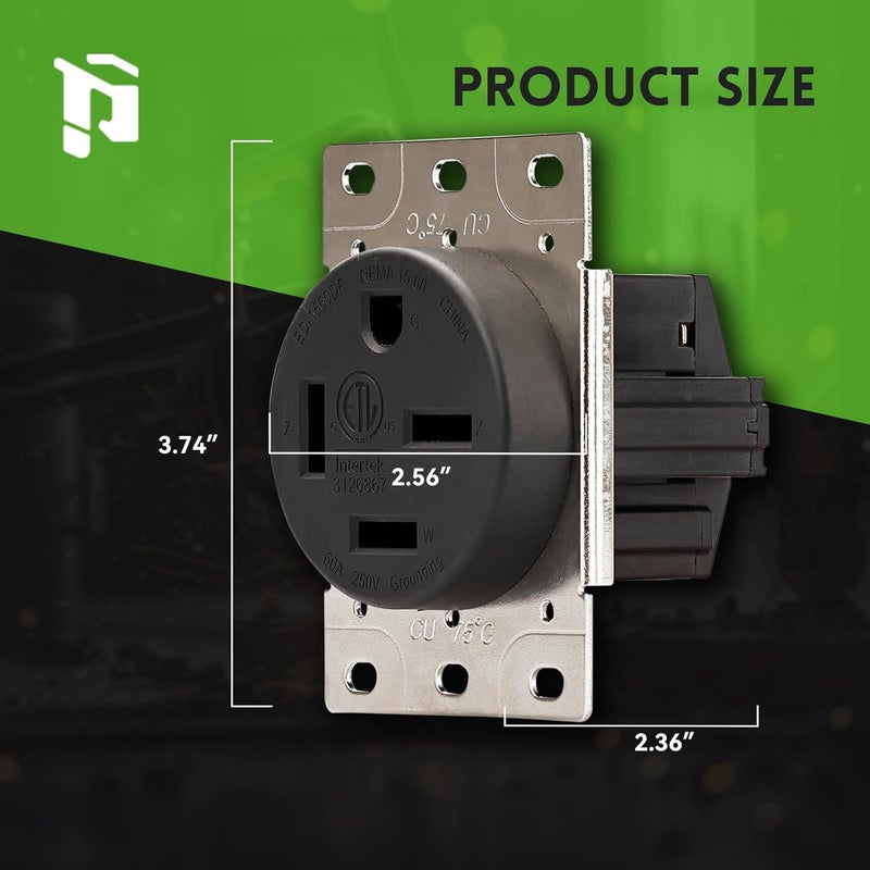PLUGTUL NEMA 15-60R Flush Mounting Receptacle, 60Amp Receptacle Outlet, Straight Blade, Industrial Grade, 60 Amp, 250 Volt, ETL Listed - Image 5